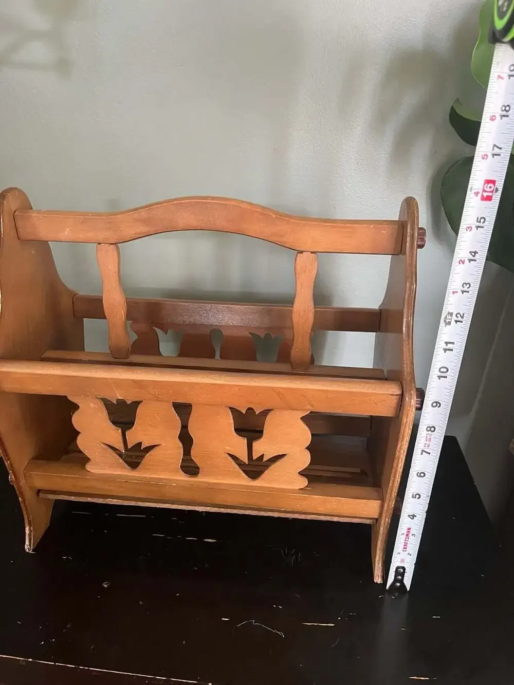 Vintage Wooden Magazine Rack with Tulip Cut-Outs